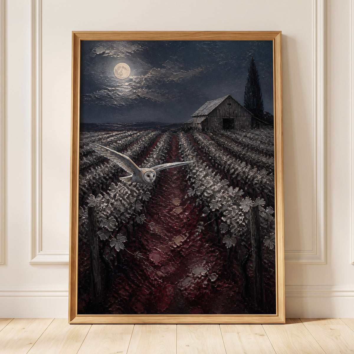 Owl Over Moonlit Vines, blue, gray, red nature wall art displayed in a styled interior, gallery view 4