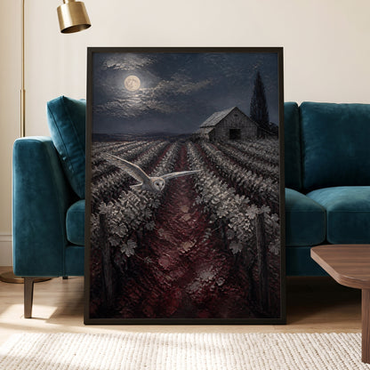 Owl Over Moonlit Vines, blue, gray, red nature wall art displayed in a styled interior, gallery view 5