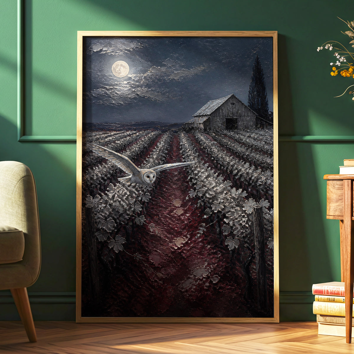 Owl Over Moonlit Vines, blue, gray, red nature wall art displayed in a styled interior, gallery view 6
