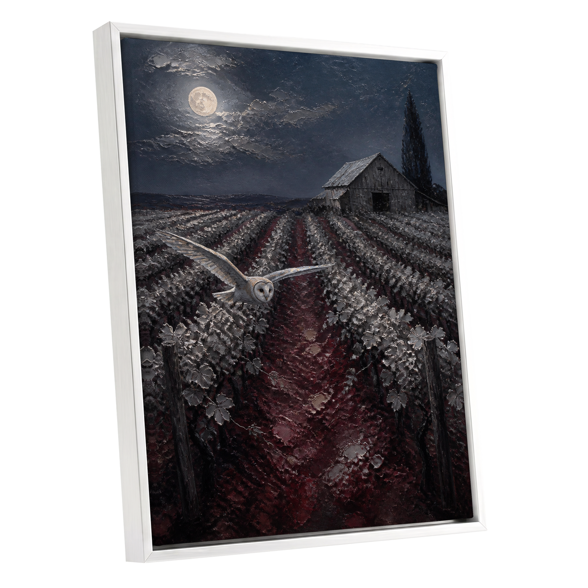 Owl Over Moonlit Vines, blue, gray, red nature wall art shown as a white framed canvas wall art