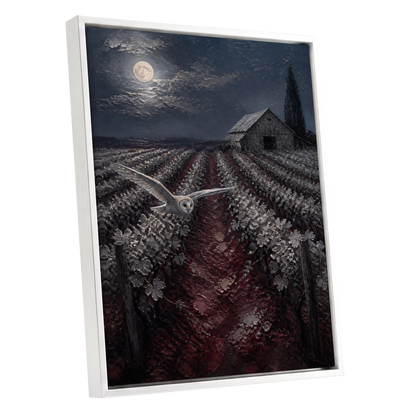 Owl Over Moonlit Vines, blue, gray, red nature wall art shown as a white framed canvas wall art