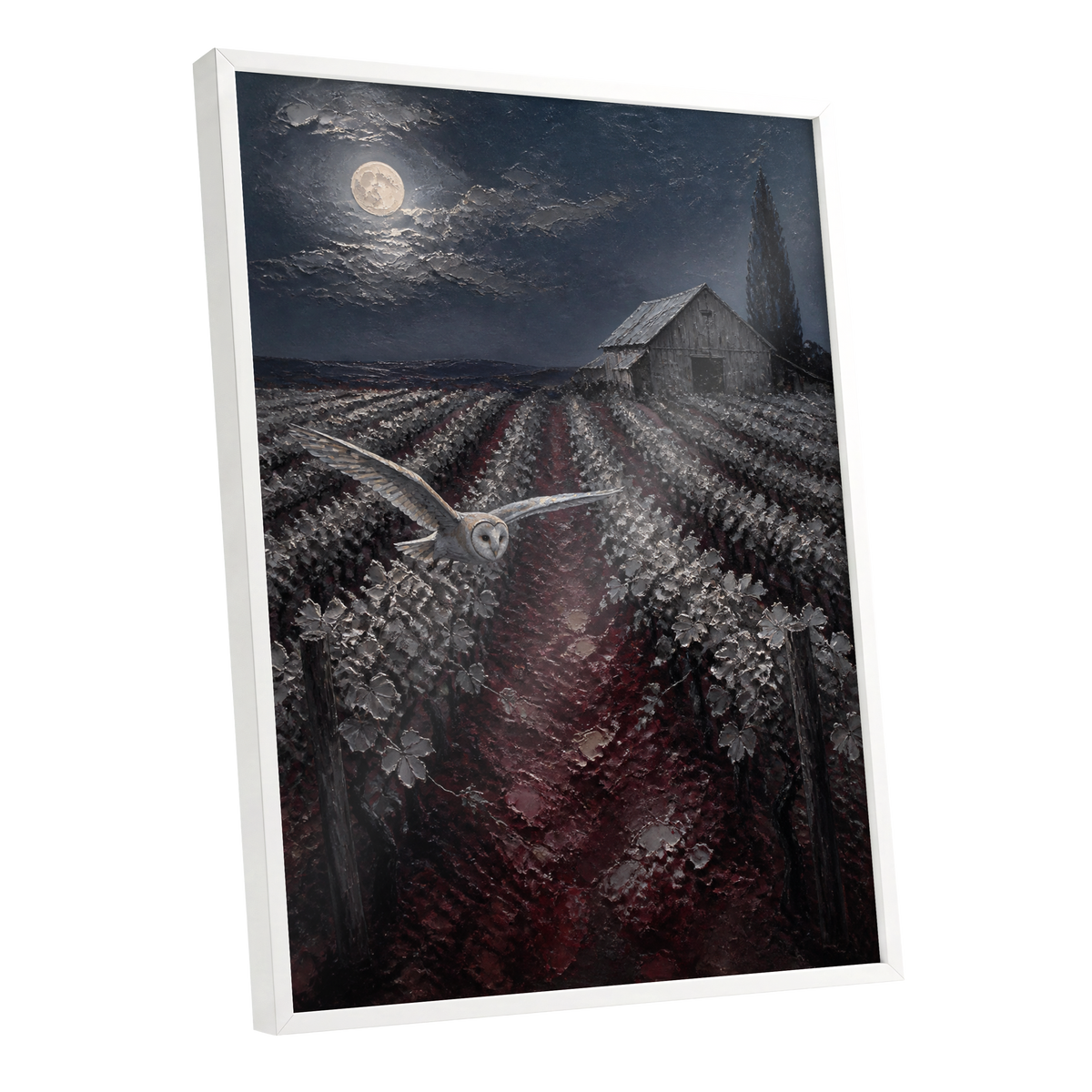 Owl Over Moonlit Vines, blue, gray, red nature wall art shown as a white framed poster wall art print