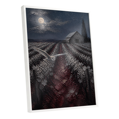 Owl Over Moonlit Vines, blue, gray, red nature wall art shown as a white framed poster wall art print