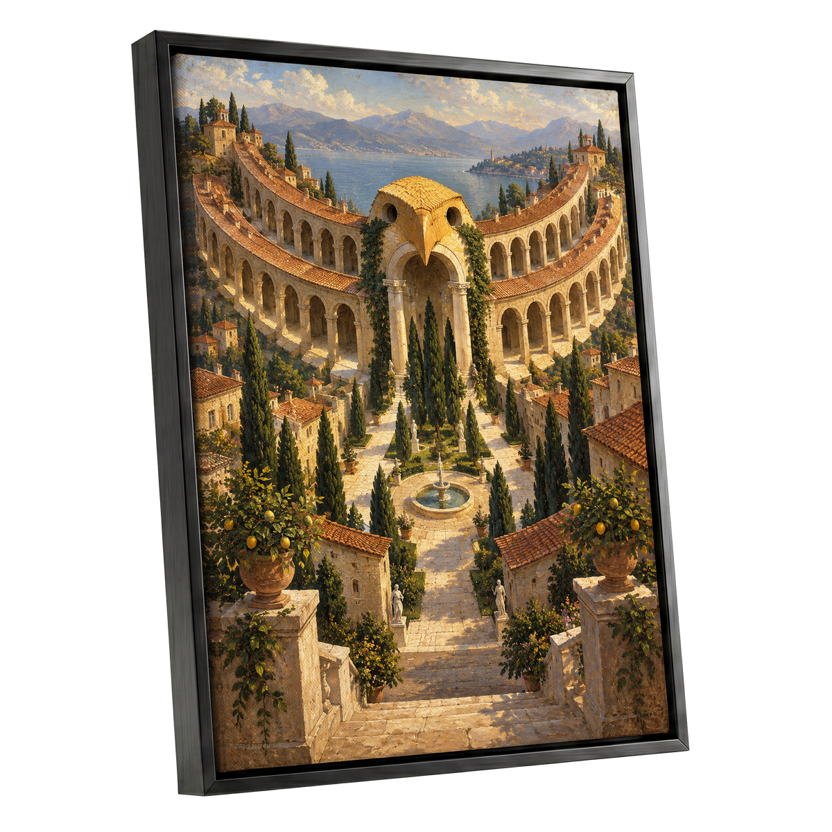 Owlstone Gardens, beige, green, blue abstract wall art shown as a black framed canvas wall art