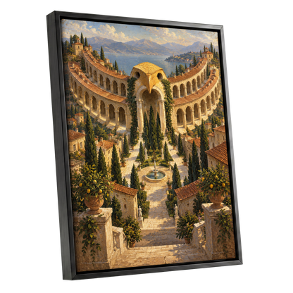 Owlstone Gardens, beige, green, blue abstract wall art shown as a black framed canvas wall art