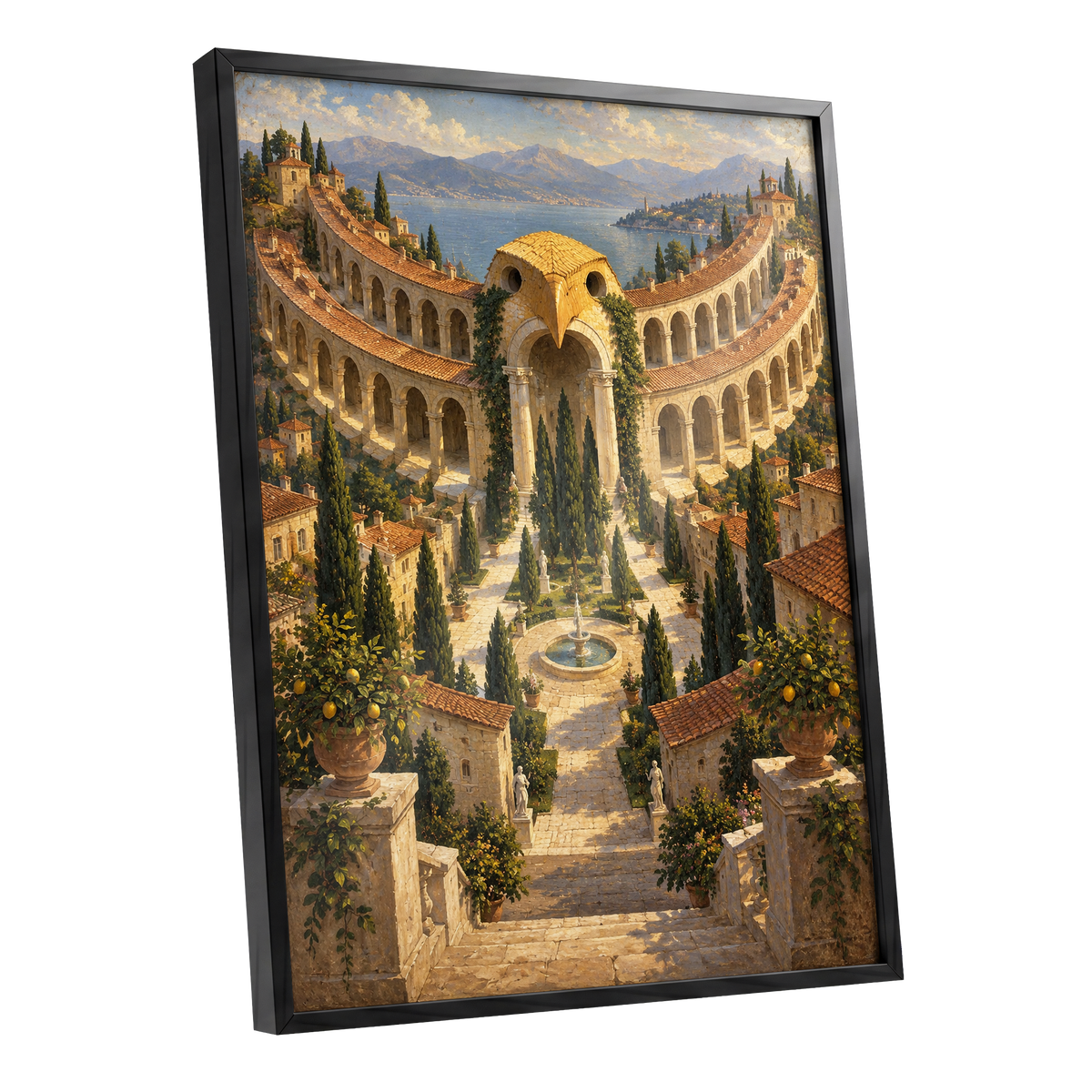 Owlstone Gardens, beige, green, blue abstract wall art shown as a black framed poster wall art print