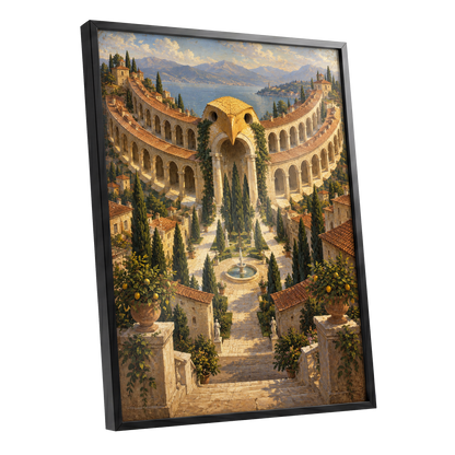Owlstone Gardens, beige, green, blue abstract wall art shown as a black framed poster wall art print