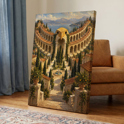 Owlstone Gardens, beige, green, blue abstract wall art on canvas displayed in a styled interior, gallery view 1