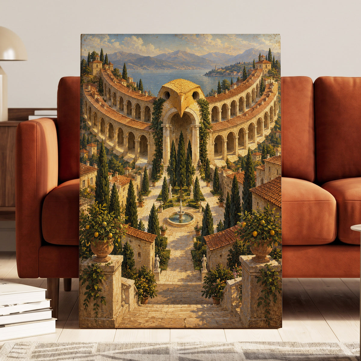 Owlstone Gardens, beige, green, blue abstract wall art on canvas displayed in a styled interior, gallery view 2