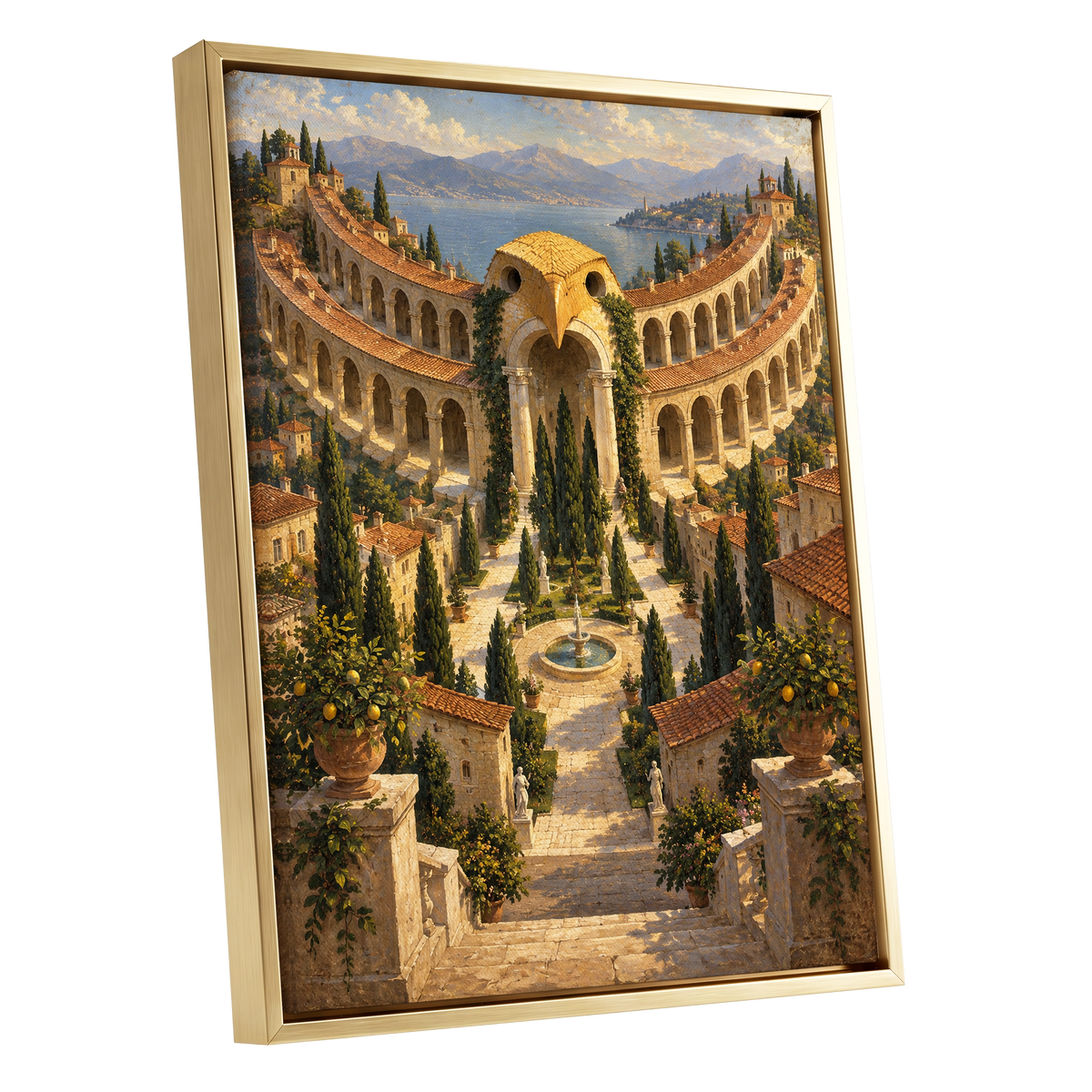 Owlstone Gardens, beige, green, blue abstract wall art shown as a gold framed canvas wall art