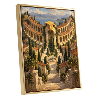 Owlstone Gardens, beige, green, blue abstract wall art shown as a gold framed canvas wall art