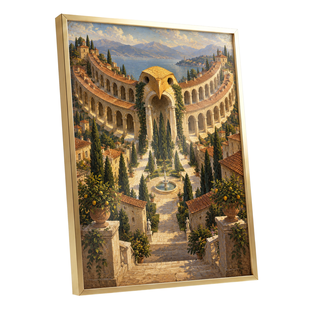 Owlstone Gardens, beige, green, blue abstract wall art shown as a gold framed poster wall art print
