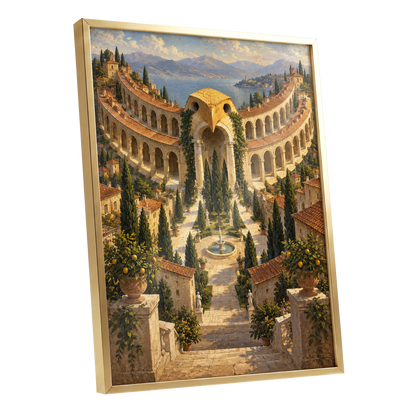 Owlstone Gardens, beige, green, blue abstract wall art shown as a gold framed poster wall art print