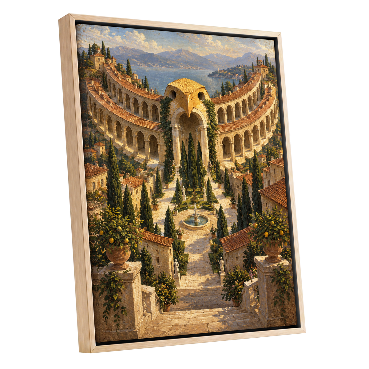 Owlstone Gardens, beige, green, blue abstract wall art shown as a oak framed canvas wall art