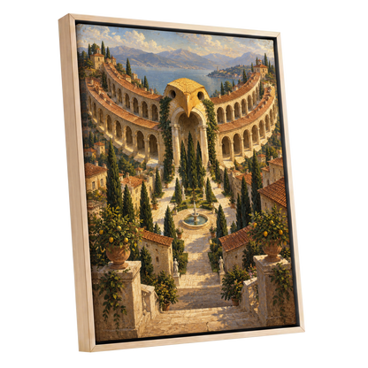 Owlstone Gardens, beige, green, blue abstract wall art shown as a oak framed canvas wall art