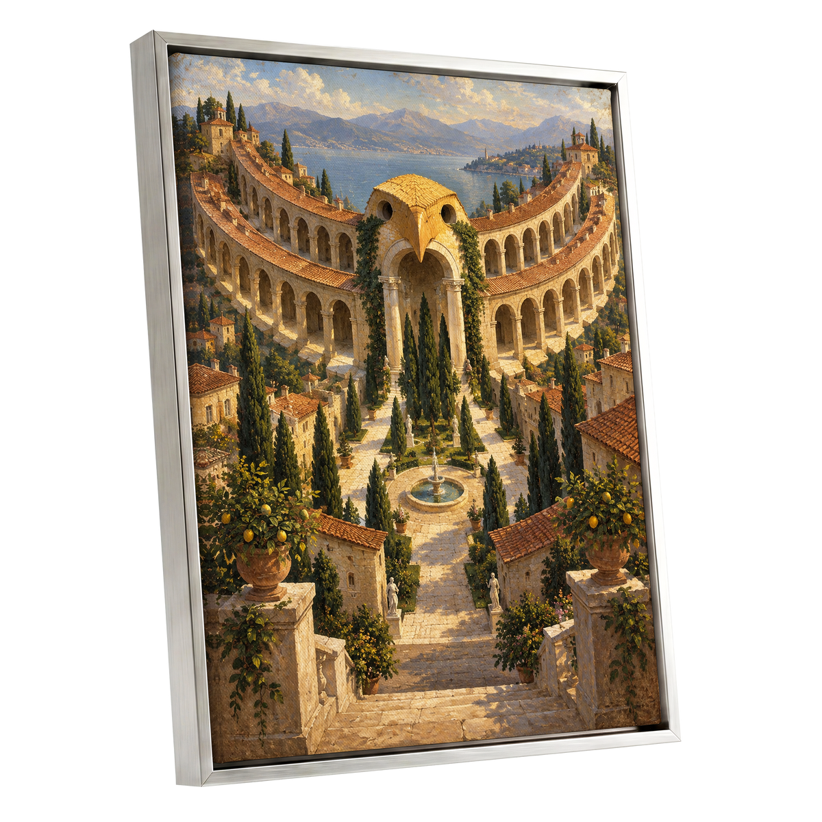 Owlstone Gardens, beige, green, blue abstract wall art shown as a silver framed canvas wall art