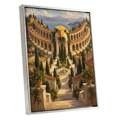 Owlstone Gardens, beige, green, blue abstract wall art shown as a silver framed canvas wall art