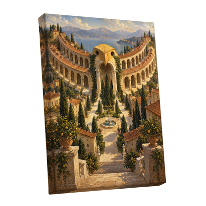 Owlstone Gardens, beige, green, blue abstract wall art shown as a stretched canvas wall art