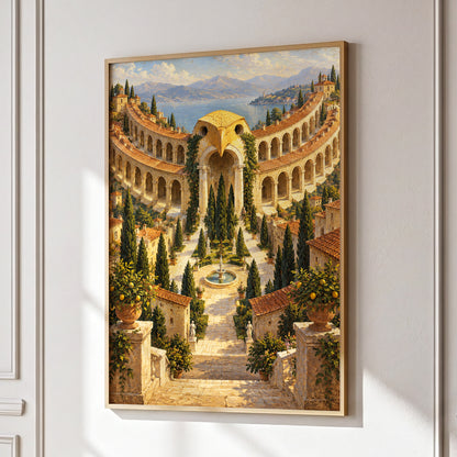 Owlstone Gardens, beige, green, blue abstract wall art displayed in a styled interior, gallery view 1