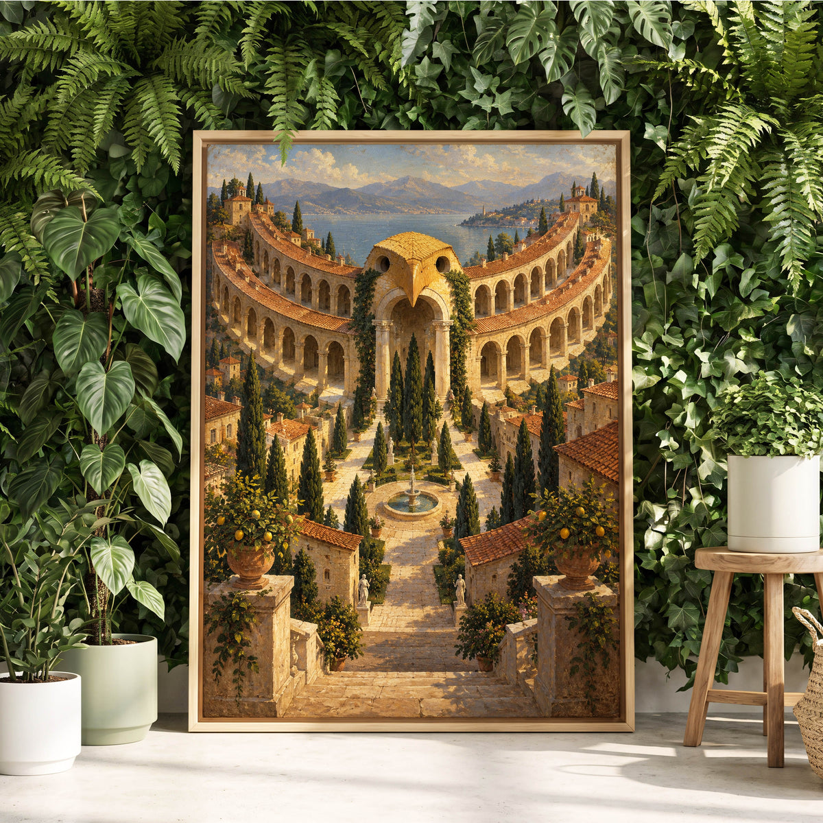 Owlstone Gardens, beige, green, blue abstract wall art displayed in a styled interior, gallery view 2