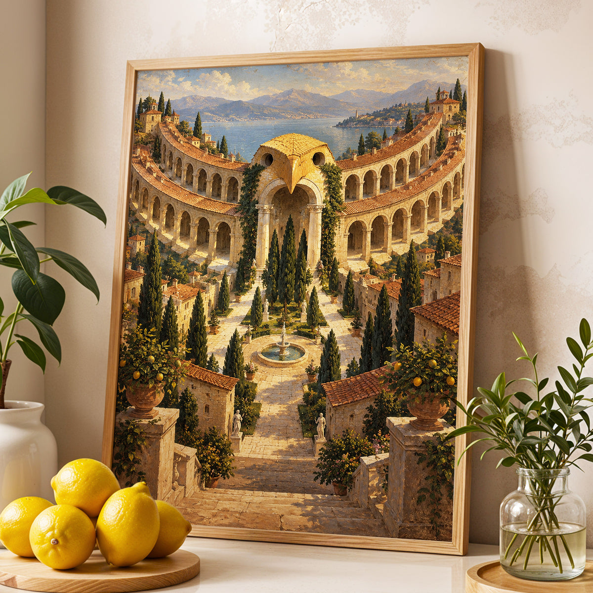 Owlstone Gardens, beige, green, blue abstract wall art displayed in a styled interior, gallery view 3