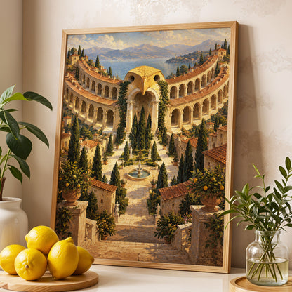 Owlstone Gardens, beige, green, blue abstract wall art displayed in a styled interior, gallery view 3
