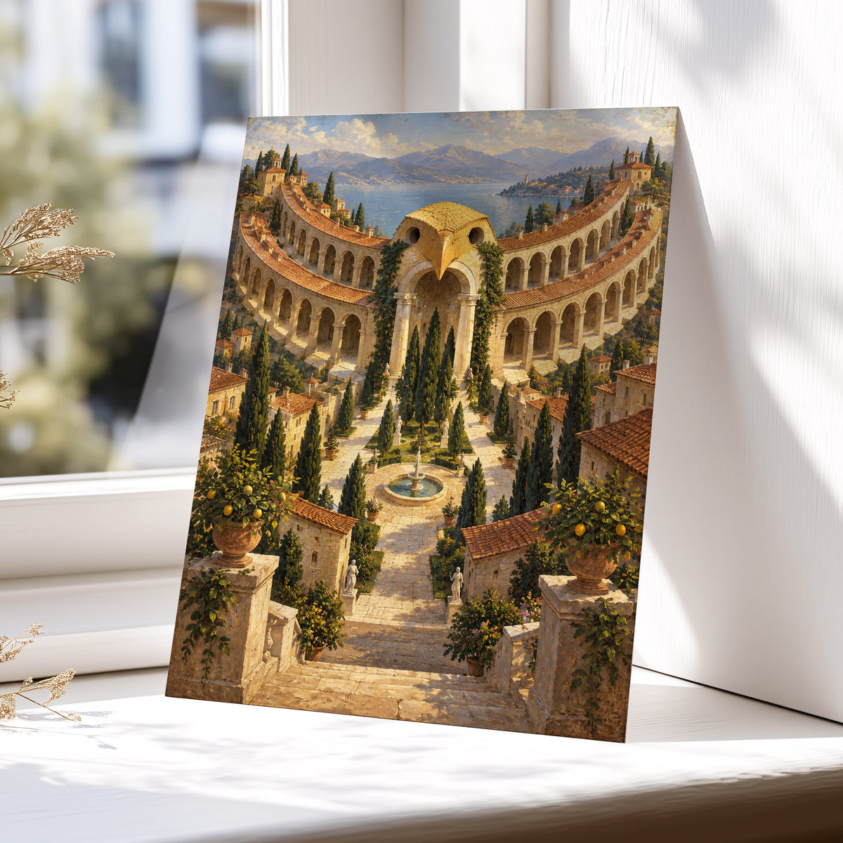 Owlstone Gardens, beige, green, blue abstract wall art displayed in a styled interior, gallery view 4