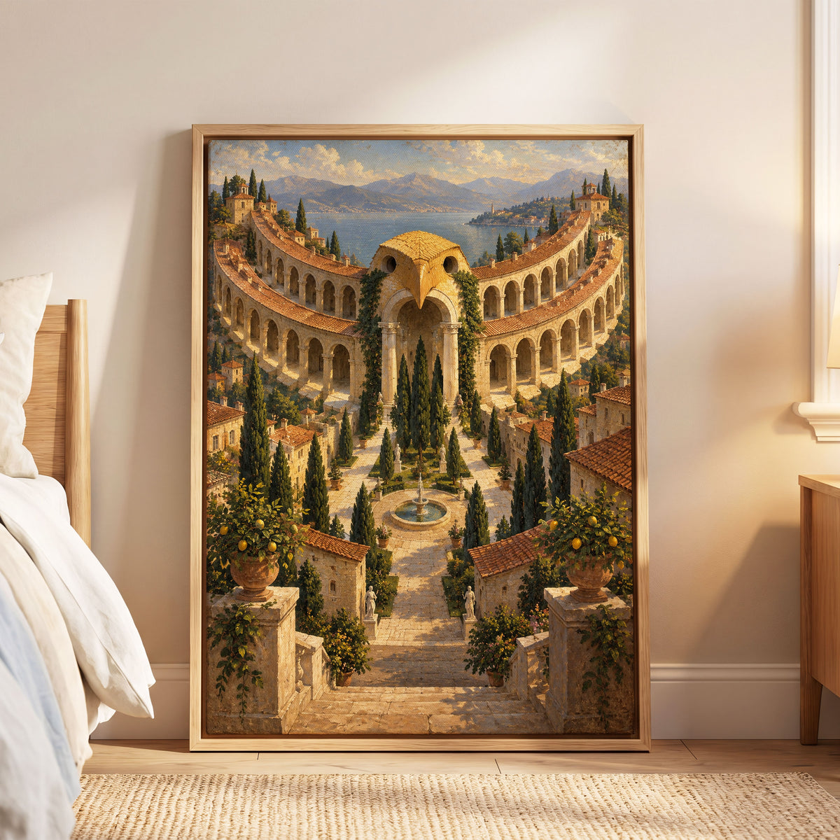 Owlstone Gardens, beige, green, blue abstract wall art displayed in a styled interior, gallery view 5