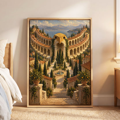 Owlstone Gardens, beige, green, blue abstract wall art displayed in a styled interior, gallery view 5