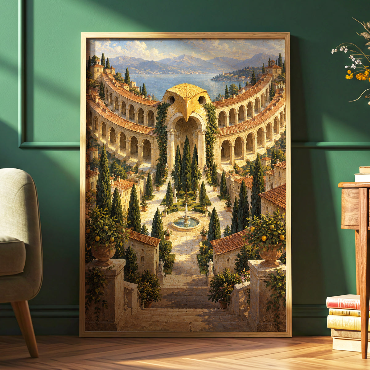 Owlstone Gardens, beige, green, blue abstract wall art displayed in a styled interior, gallery view 6
