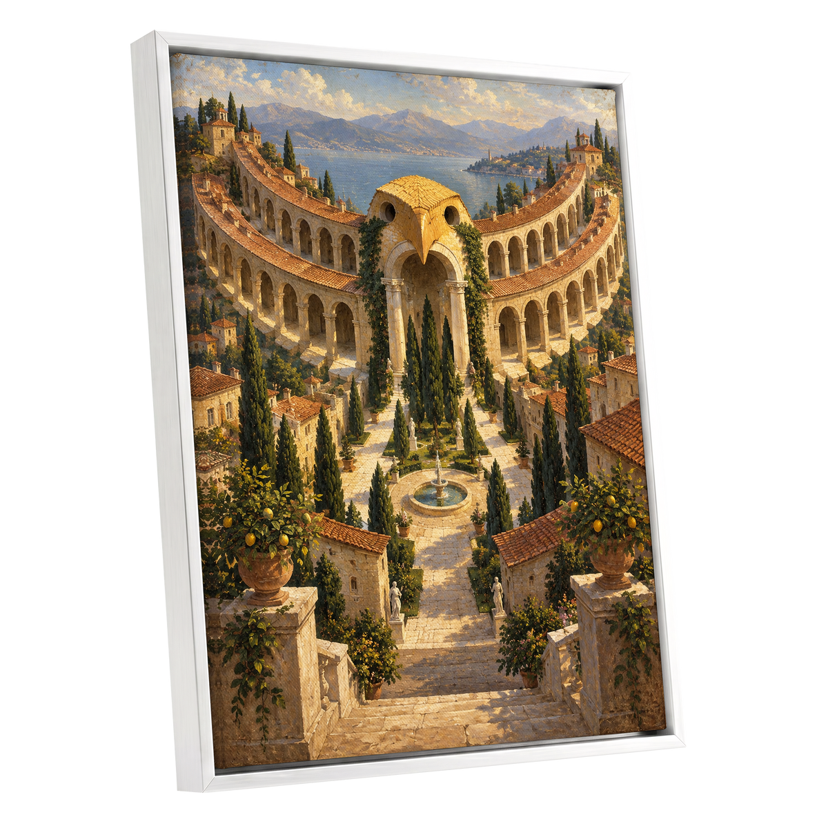 Owlstone Gardens, beige, green, blue abstract wall art shown as a white framed canvas wall art