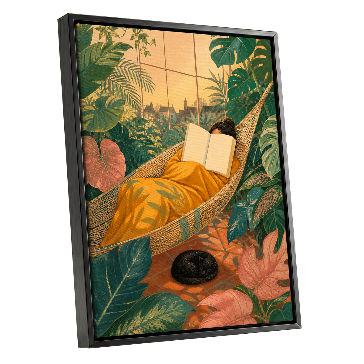 Pages Among the Palms, green, gold, orange nature wall art shown as a black framed canvas wall art