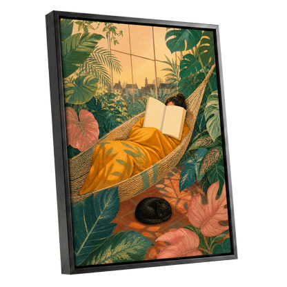 Pages Among the Palms, green, gold, orange nature wall art shown as a black framed canvas wall art