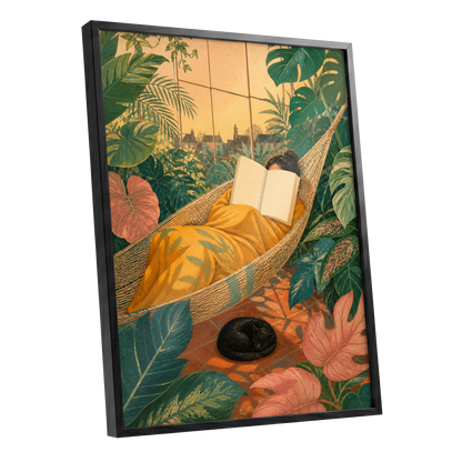 Pages Among the Palms, green, gold, orange nature wall art shown as a black framed poster wall art print