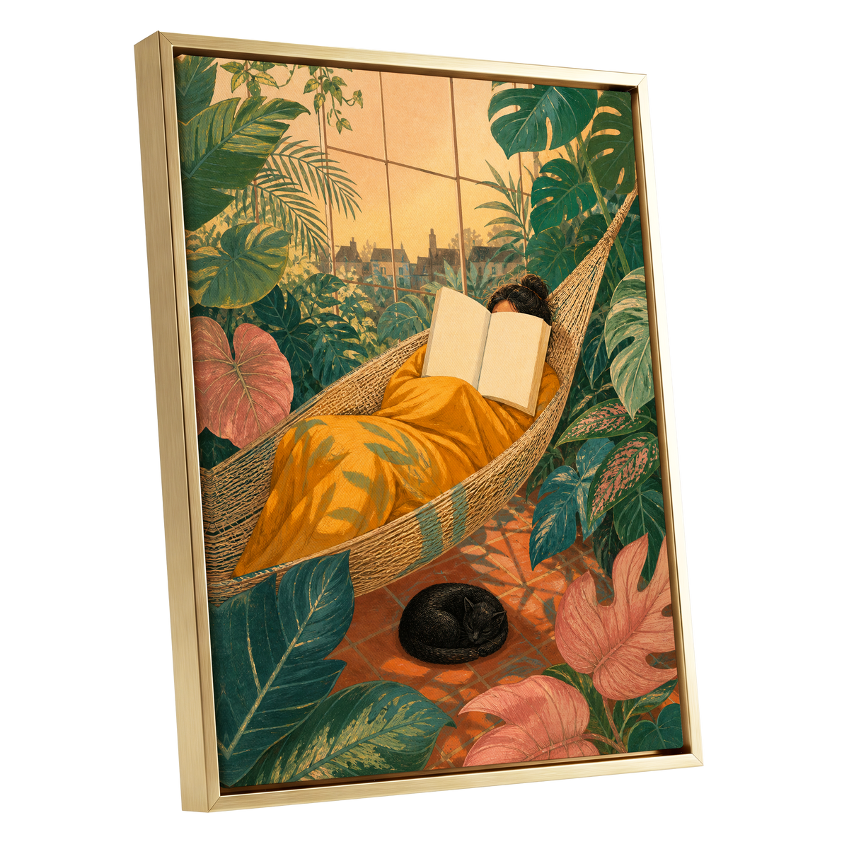 Pages Among the Palms, green, gold, orange nature wall art shown as a gold framed canvas wall art