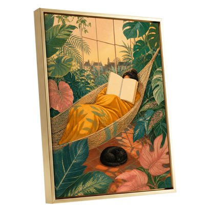 Pages Among the Palms, green, gold, orange nature wall art shown as a gold framed canvas wall art