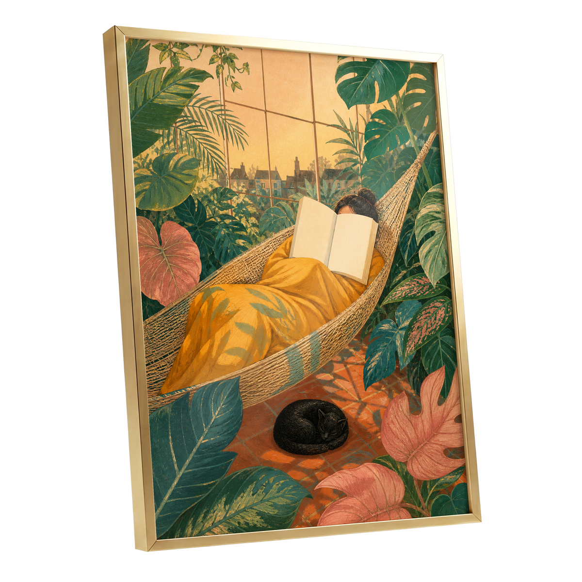 Pages Among the Palms, green, gold, orange nature wall art shown as a gold framed poster wall art print