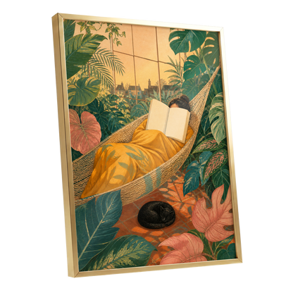Pages Among the Palms, green, gold, orange nature wall art shown as a gold framed poster wall art print