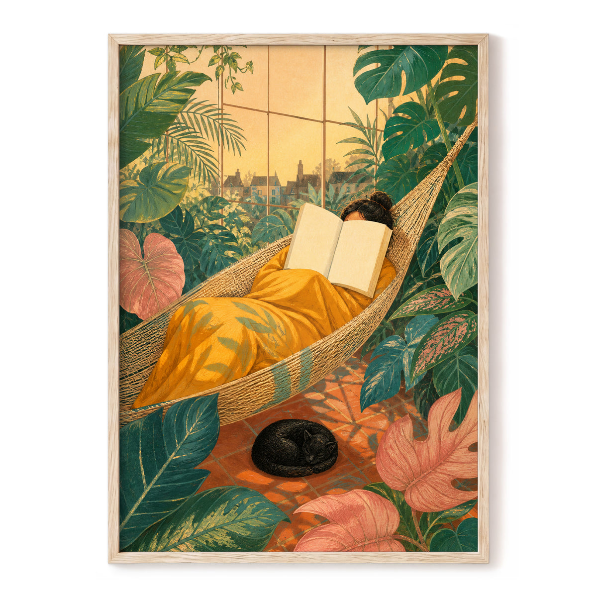 Pages Among the Palms, green, gold, orange nature wall art, front artwork view
