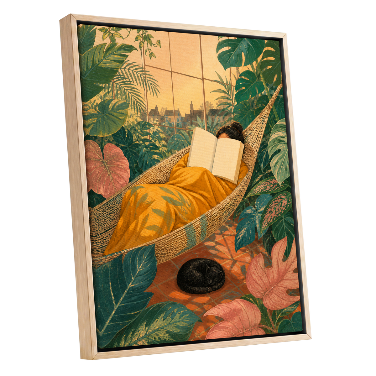 Pages Among the Palms, green, gold, orange nature wall art shown as a oak framed canvas wall art