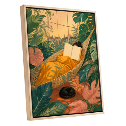 Pages Among the Palms, green, gold, orange nature wall art shown as a oak framed canvas wall art