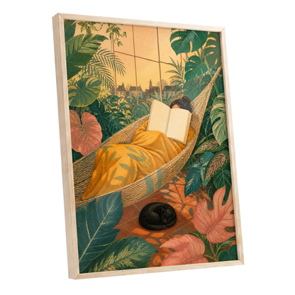 Pages Among the Palms, green, gold, orange nature wall art shown as a oak framed poster wall art print