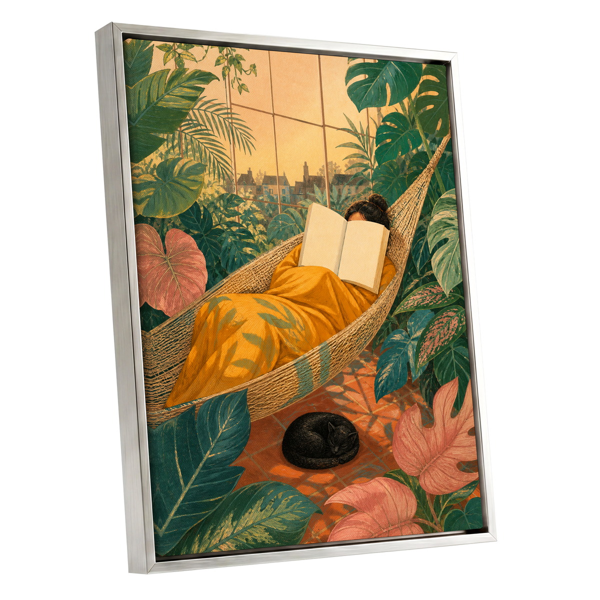 Pages Among the Palms, green, gold, orange nature wall art shown as a silver framed canvas wall art