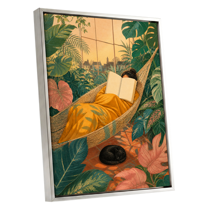 Pages Among the Palms, green, gold, orange nature wall art shown as a silver framed canvas wall art