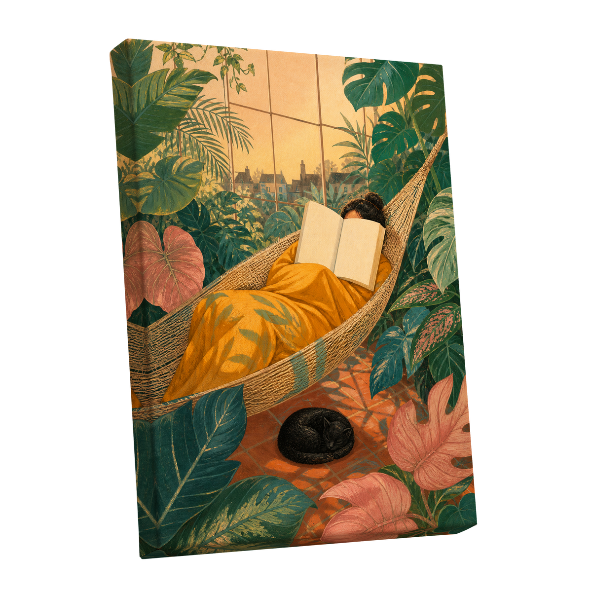 Pages Among the Palms, green, gold, orange nature wall art shown as a stretched canvas wall art