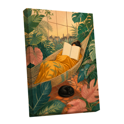 Pages Among the Palms, green, gold, orange nature wall art shown as a stretched canvas wall art