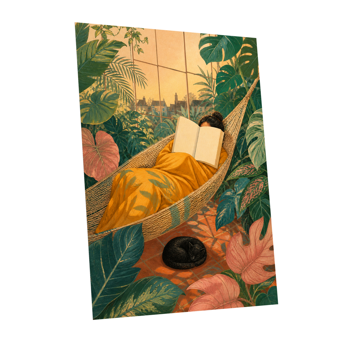 Pages Among the Palms, green, gold, orange nature wall art shown as a unframed poster wall art print