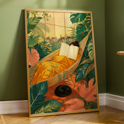 Pages Among the Palms, green, gold, orange nature wall art displayed in a styled interior, gallery view 2