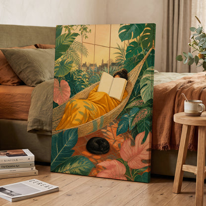 Pages Among the Palms, green, gold, orange nature wall art displayed in a styled interior, gallery view 3