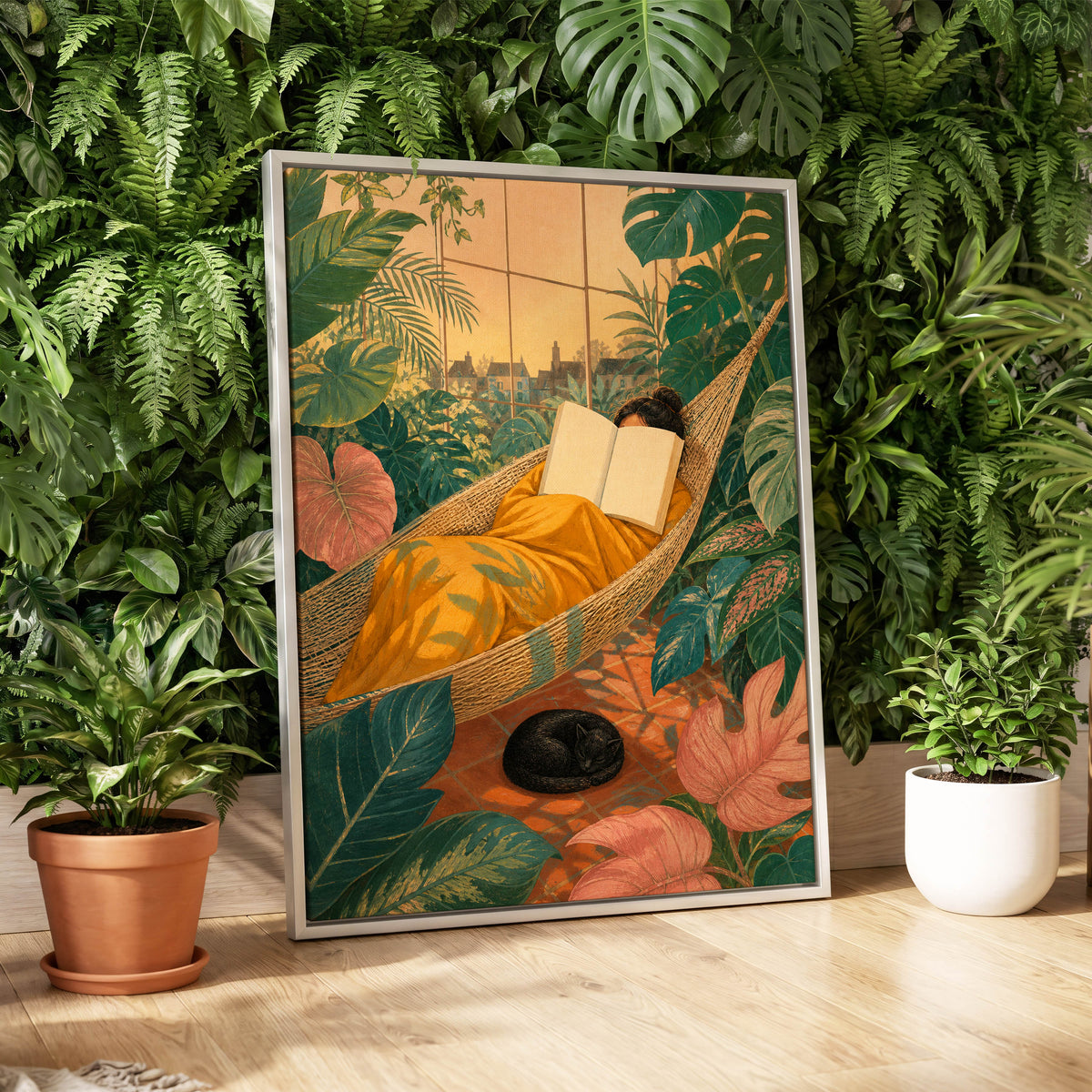 Pages Among the Palms, green, gold, orange nature wall art displayed in a styled interior, gallery view 4